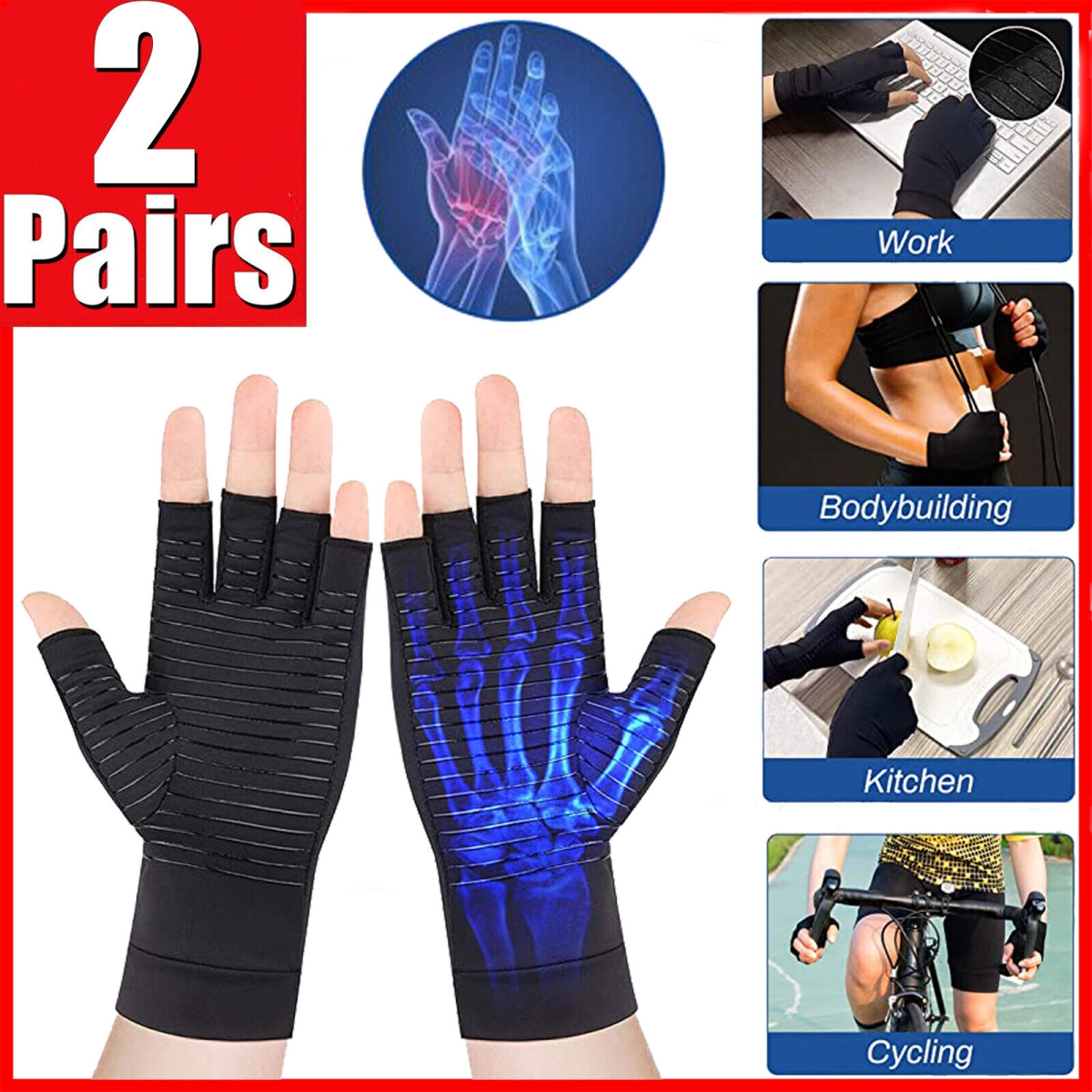 j88 2 Pairs Copper Compression Arthritis Gloves Carpal Tunnel Joint Pain Relief Hand -  Jubilee inc