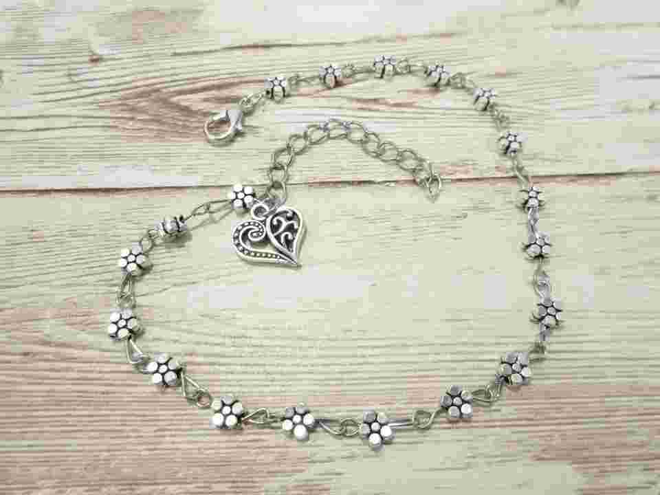 Picture of Jubilee j147 Silver Filigree Heart Charm Anklet Daisy Flower Ankle Bracelet 10 in. Chain