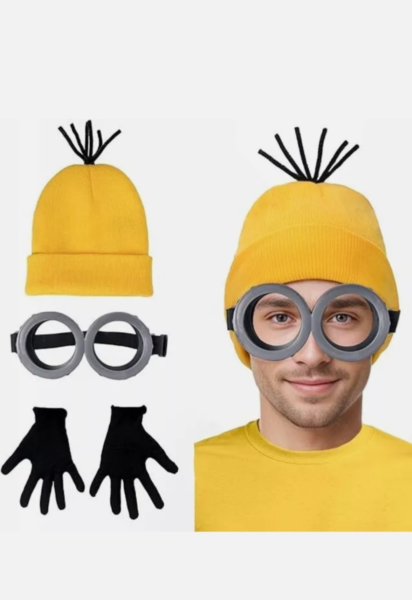 Picture of Jubilee inc J255 3 Pcs Adult Men Women Halloween Costume Minion Yellow Beanie Goggles Gloves Set&#44; with wig.