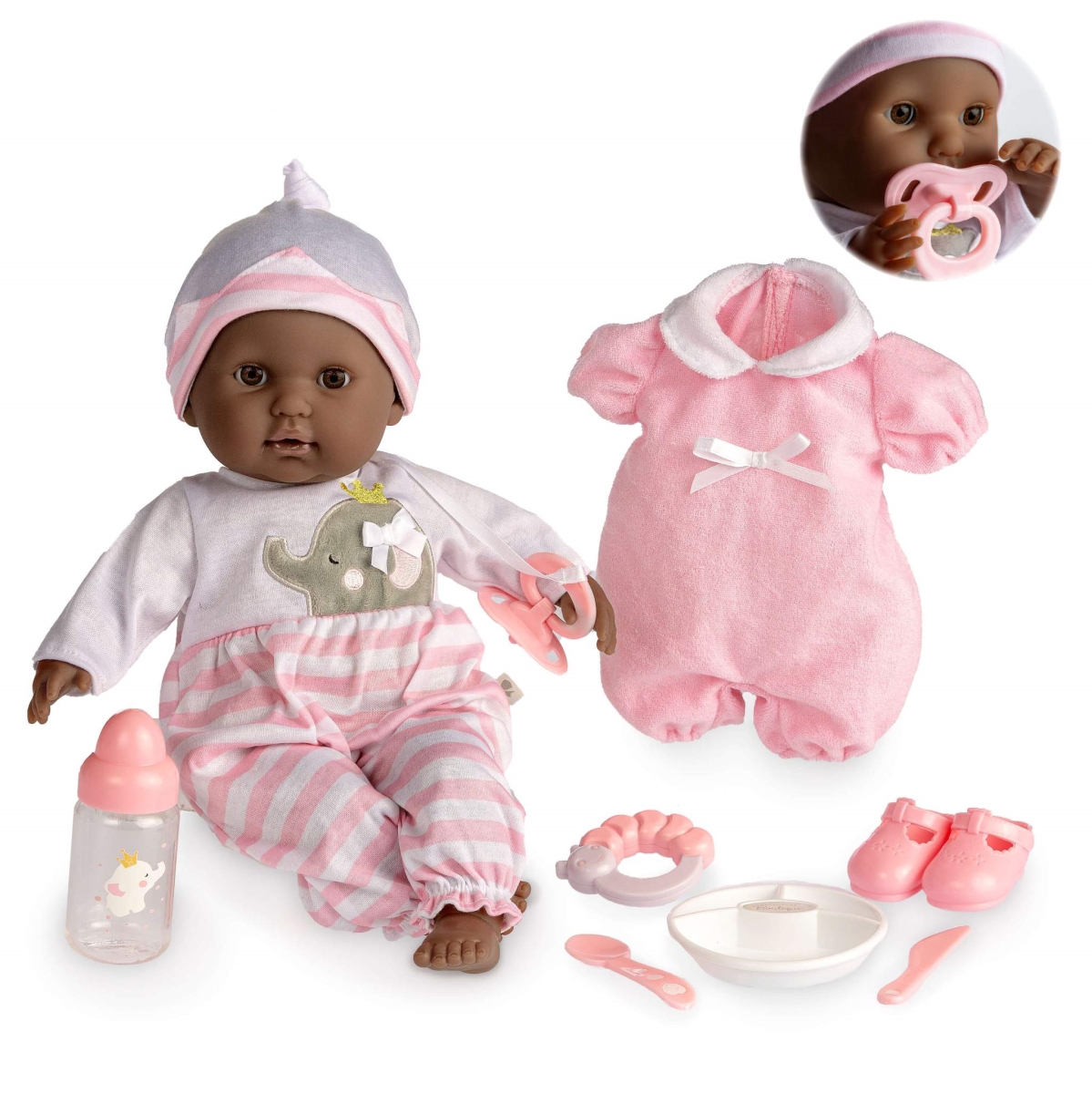 Picture of Berenguer Boutique 15 in. Realistic Soft Body African American Baby Doll for Open &amp; Close Eyes 10 Piece Set