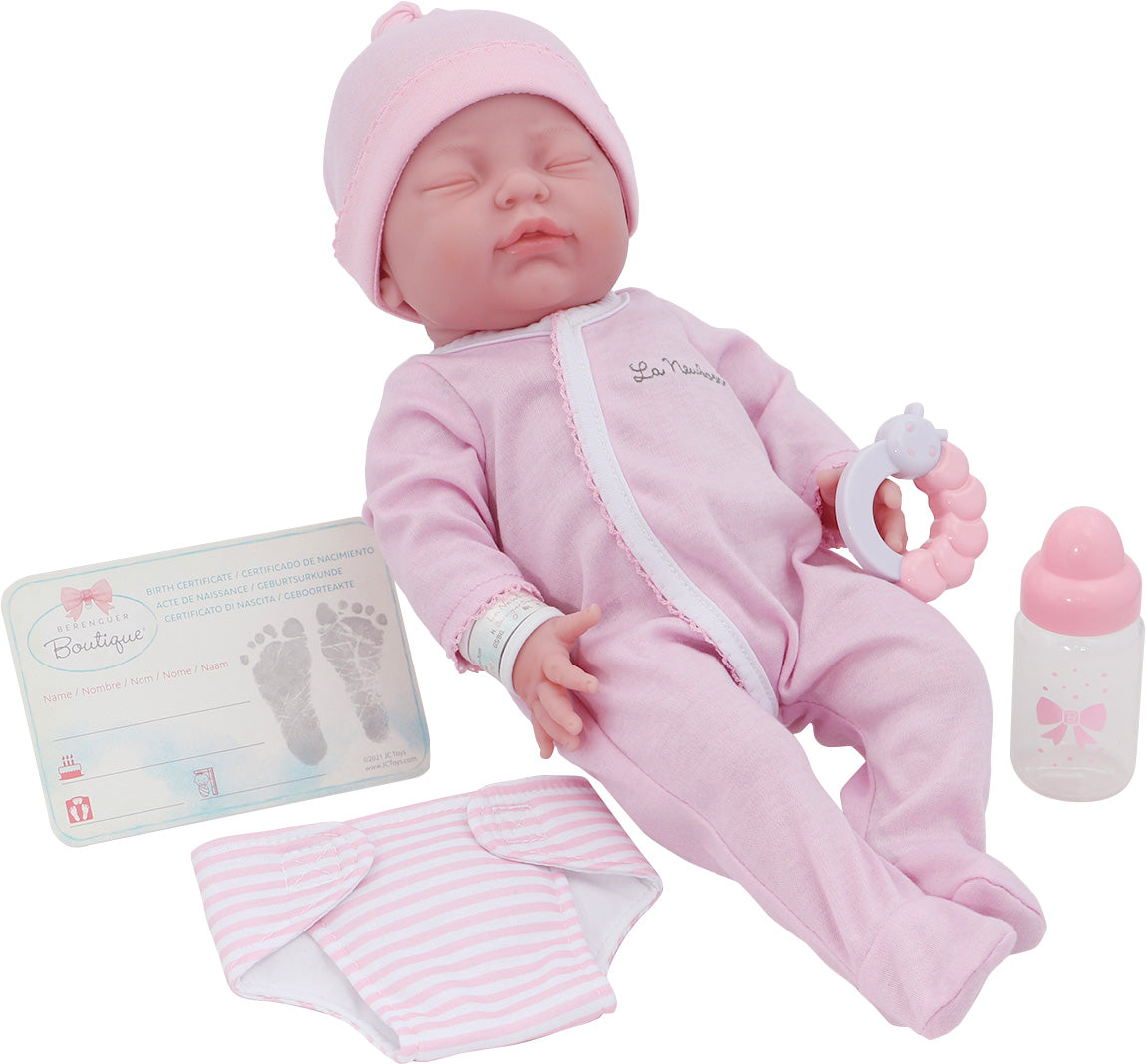 Picture of JC Toys 18300 La Newborn Doll All-Vinyl Retro Closed Eyes in Pink Set with Accessories Real Girl Window Box