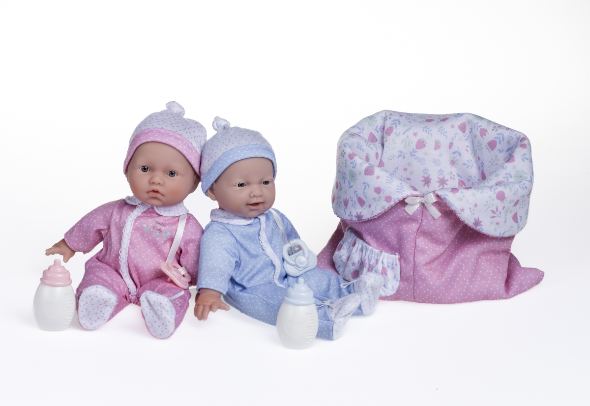 Picture of JC Toys Group 13140 11 in. La Baby Mini Soft Body Baby Doll Twins Sleeping Bag & Pacifiers&#44; Pink & Blue