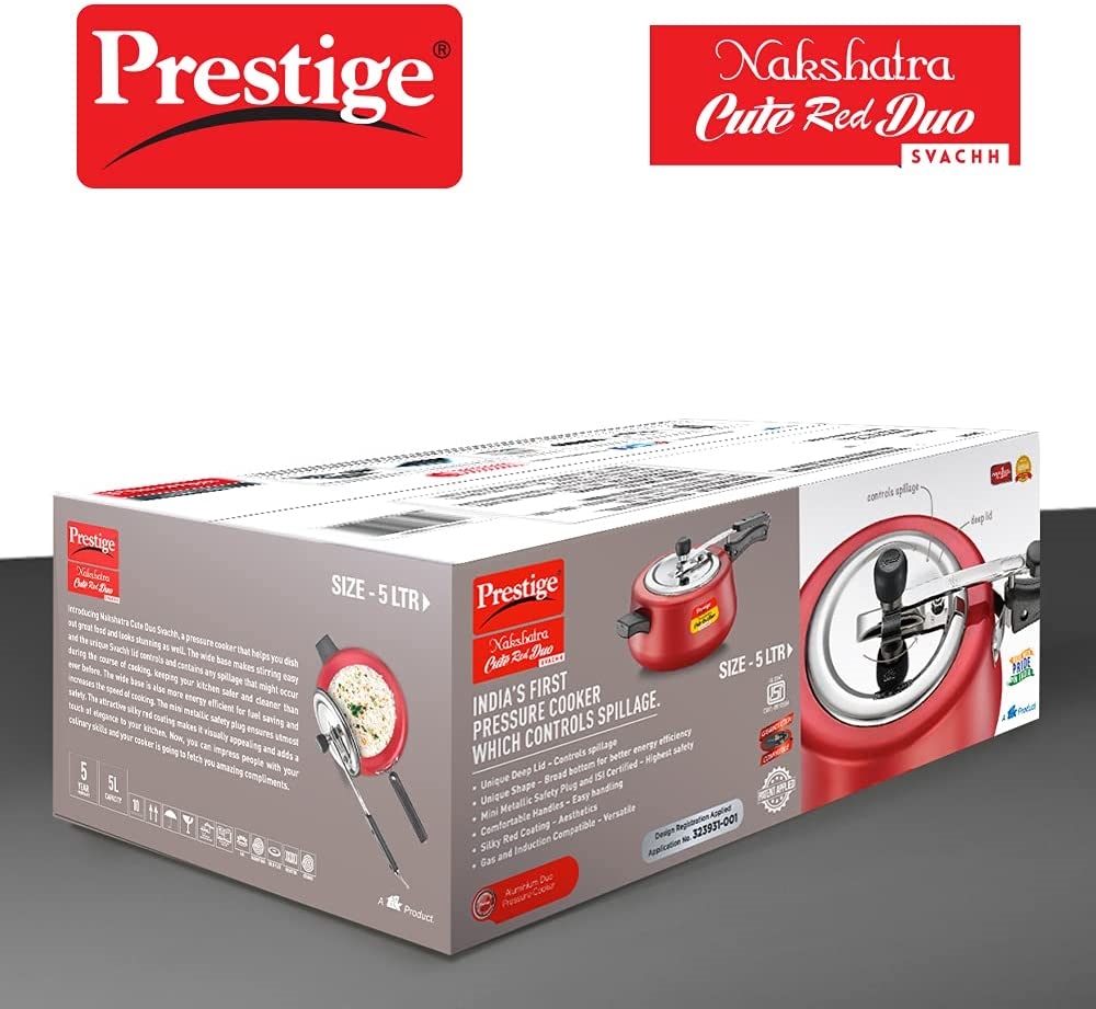 Picture of Prestige PRNSVR5 Prestige Nakshatra Cute Duo Svachh Aluminium Inner Lid Pressure Cooker, 5 Litre, Red