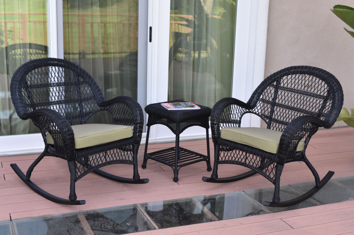 W00211-2-RCES006 3 Piece Santa Maria Black Rocker Wicker Chair Set, Tan Cushion