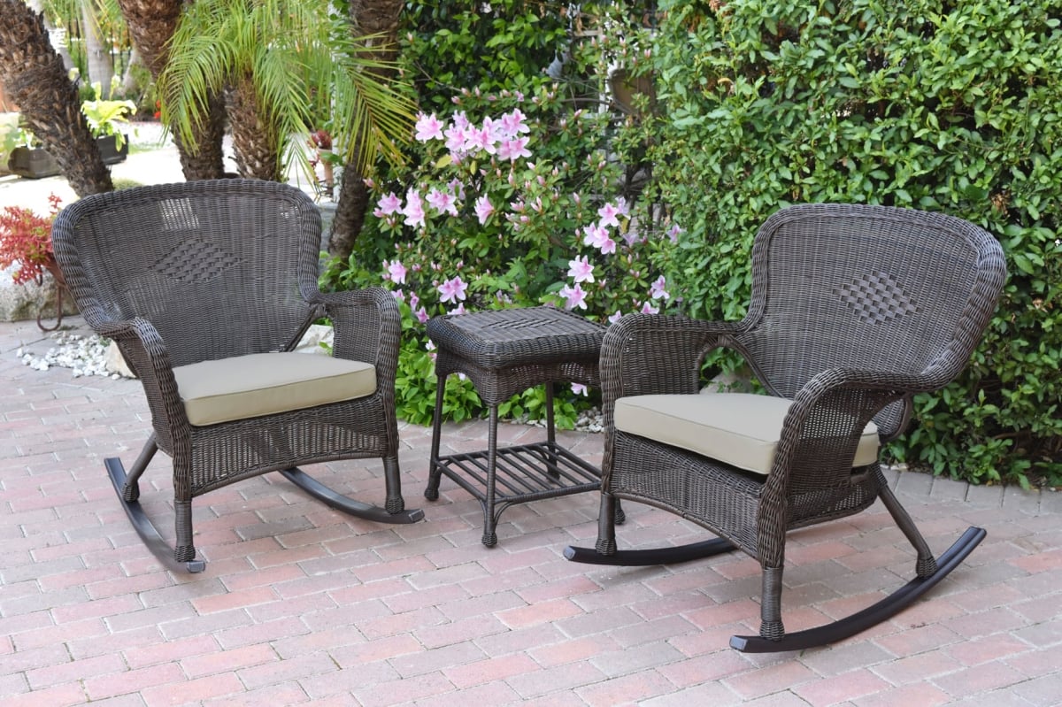 W00215-2-RCES006 Windsor Espresso Wicker Rocker Chair & End Table Set with Tan Cushion
