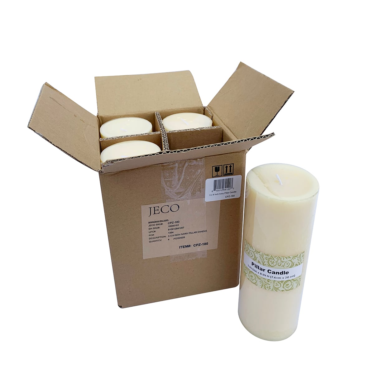 CPZ-180-4 3 x 8 in. Pillar Candle, Ivorys - Set of 4