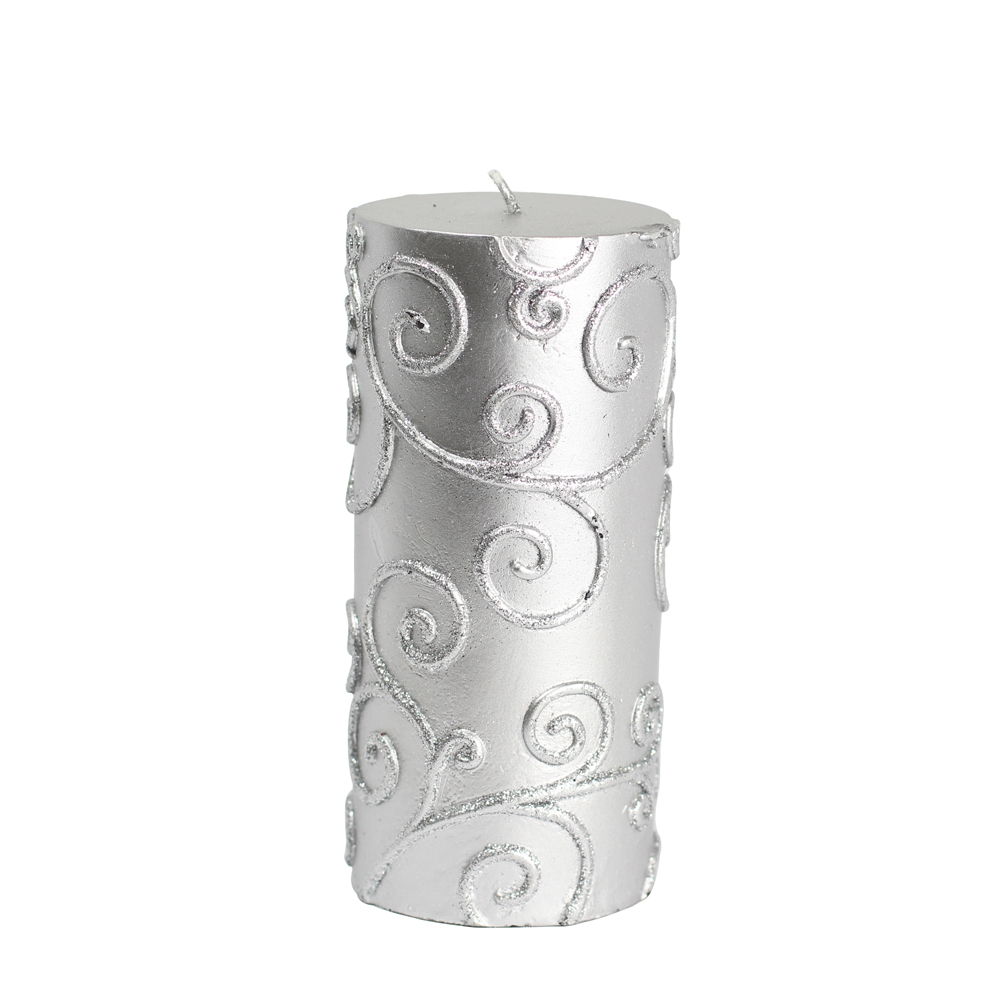 3 x 6 in. Scroll Pillar Candle, Silver