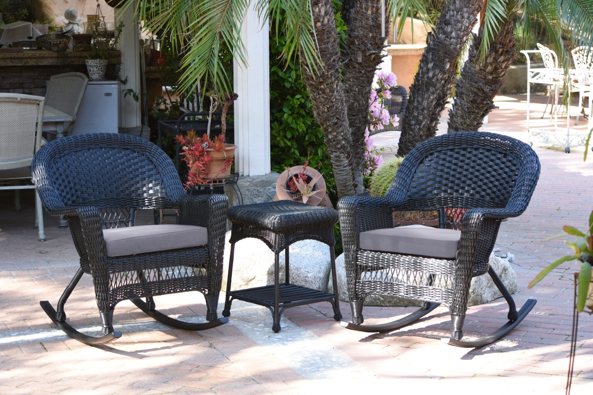 W00207R-D-2-RCES033 Black Rocker Wicker Chair Set with Steel Blue Cushion - 3 Piece
