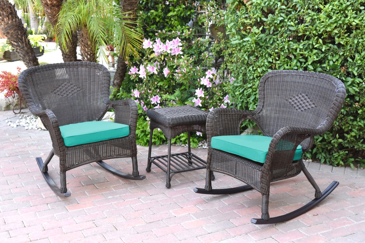 W00215-2-RCES032 Windsor Espresso Wicker Rocker Chair & End Table Set with Turquoise Chair Cushion