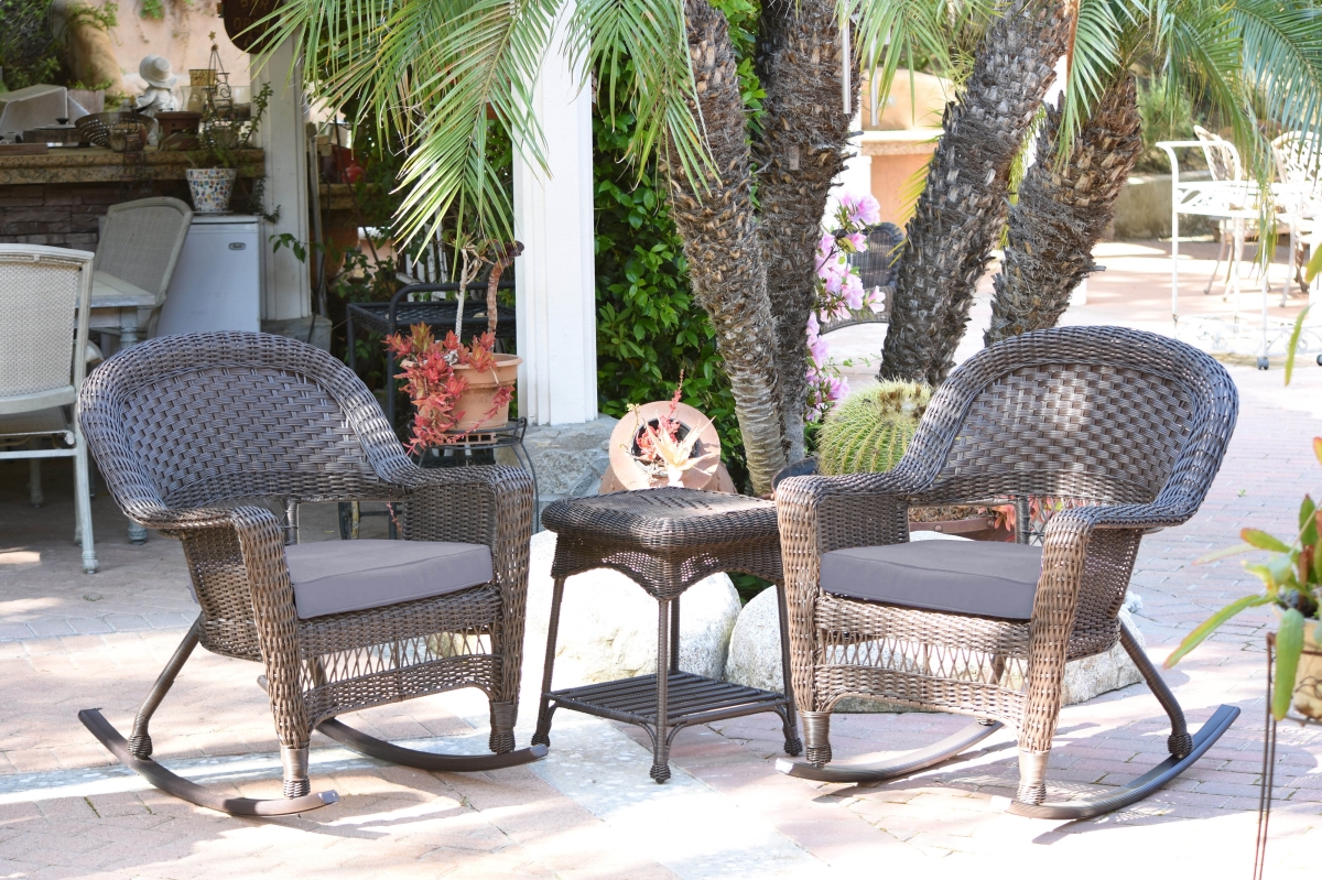 W00201R-A-2-RCES033 Espresso Rocker Wicker Chair Set with Steel Blue Cushion - 3 Piece