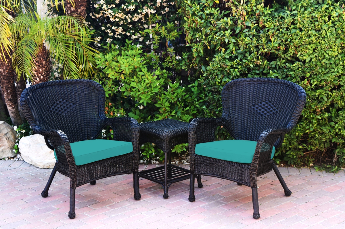 W00214-2-CES032 Windsor Black Wicker Chair & End Table Set with Turquoise Chair Cushion