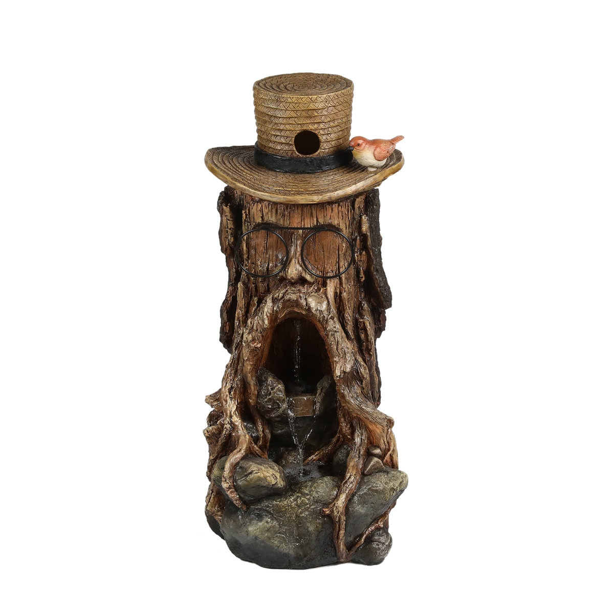 31 in. Tree Stump Face Fountain with LED Light & Bird House