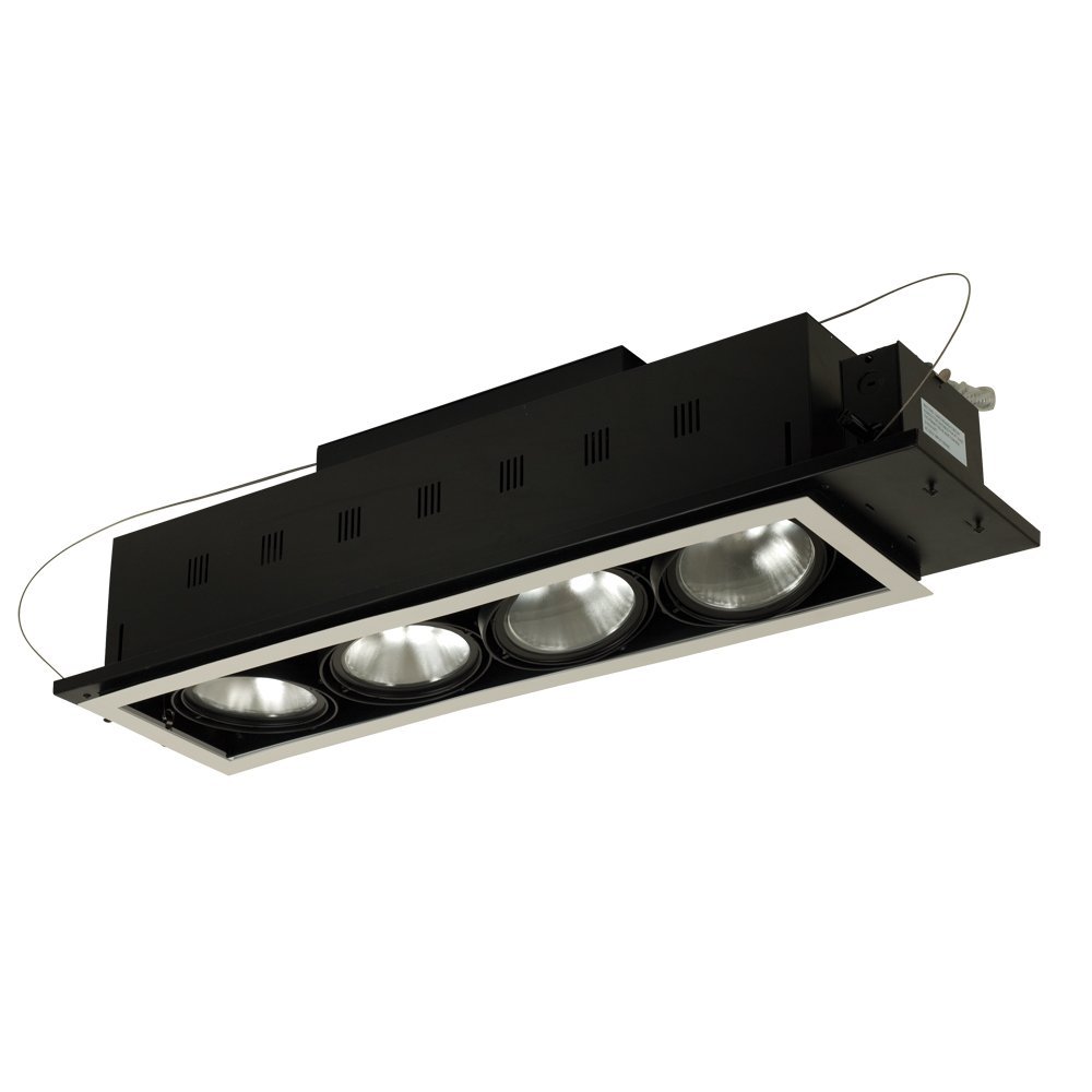 Four-Light Double Gimbal Linear Recessed Line Voltage Fixture - Black Interior with Silver Trim