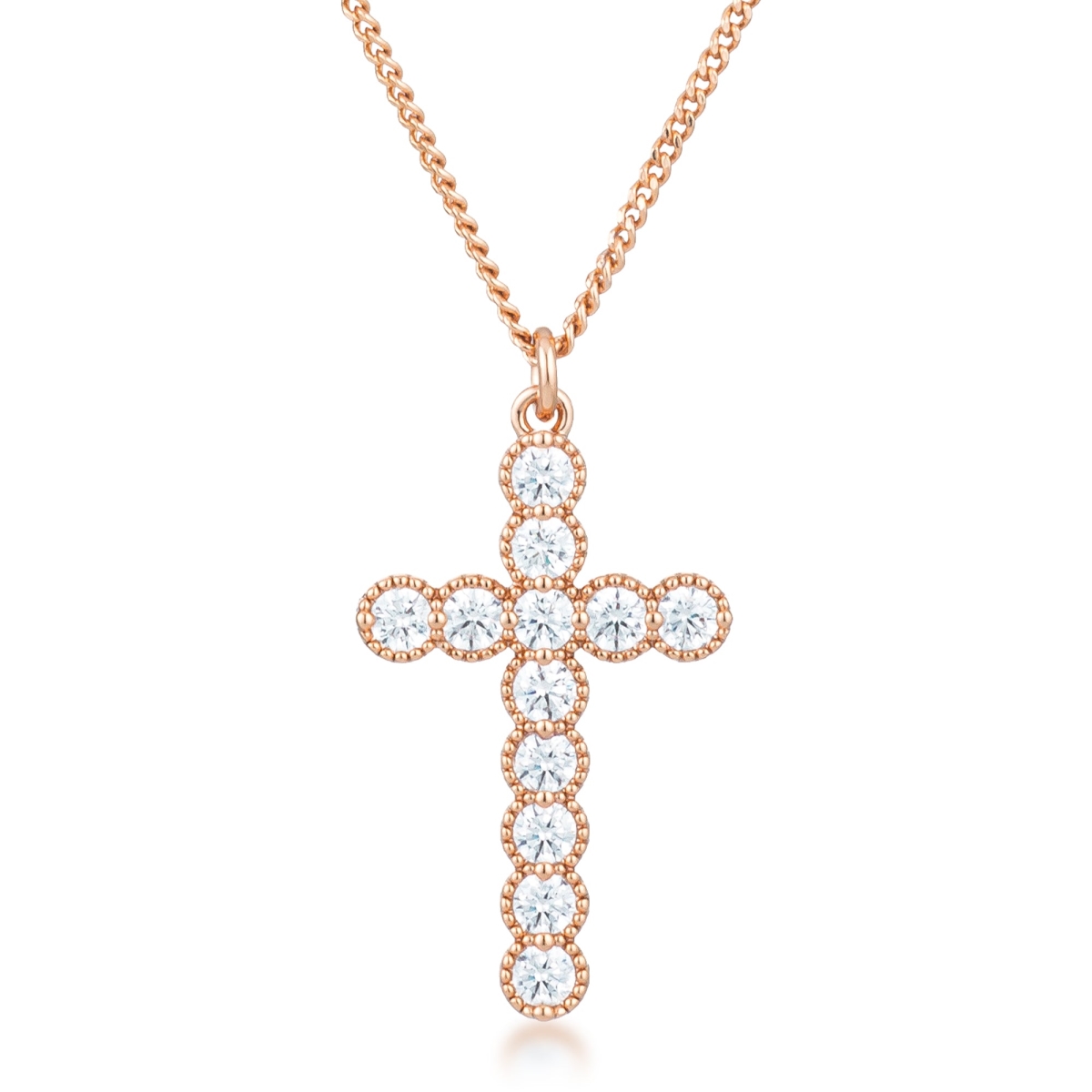 26 x 19 mm Micro Beaded Rose Gold Plated Clear CZ Cross Pendant