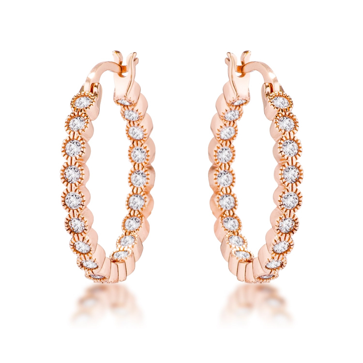 0.44 CT Rose Gold Plated Dotted Clear CZ Round Bezel Hoop Earrings