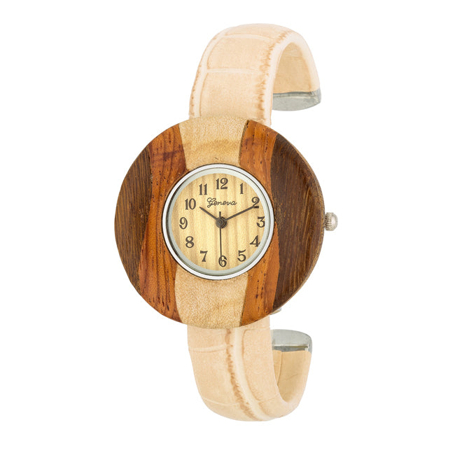 Picture of J Goodin TW-25951-BEIGE Brenna Wood Inspired Leather Cuff Watch&#44; Yellow & Beige