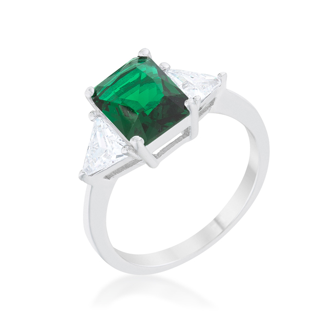 Picture of Womens Classic Emerald Rhodium Engagement Ring - Size 10