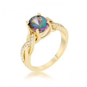 2 ct Justine Mystic Cubic Zirconia 14 Karat Gold Classic Oval Ring, Clear & Mystic - Size 9