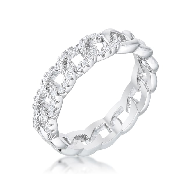 Interlocking Rhodium Chain Design Ring with Cubic Zirconia - Clear, Size 7