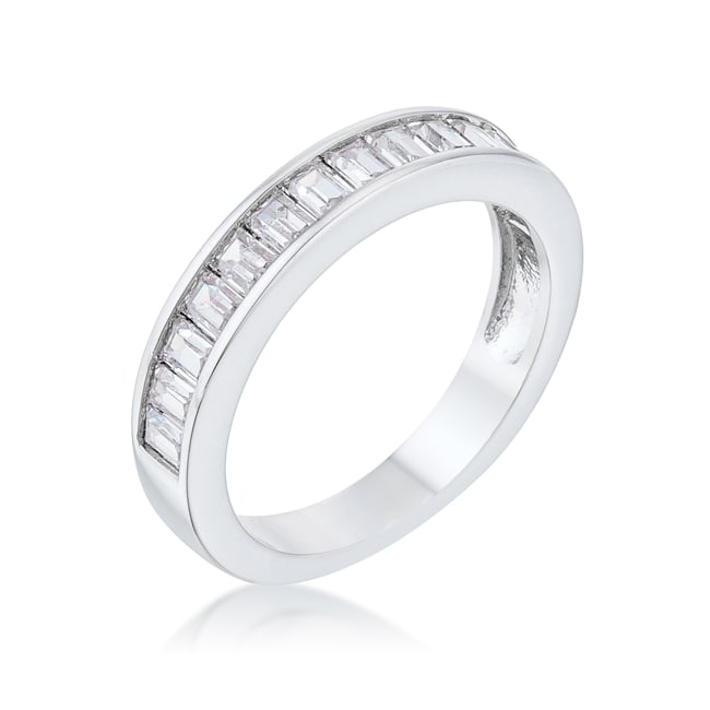 Baguette Cut Cubic Zirconia Rhodium Wedding Band - Clear, Size 7