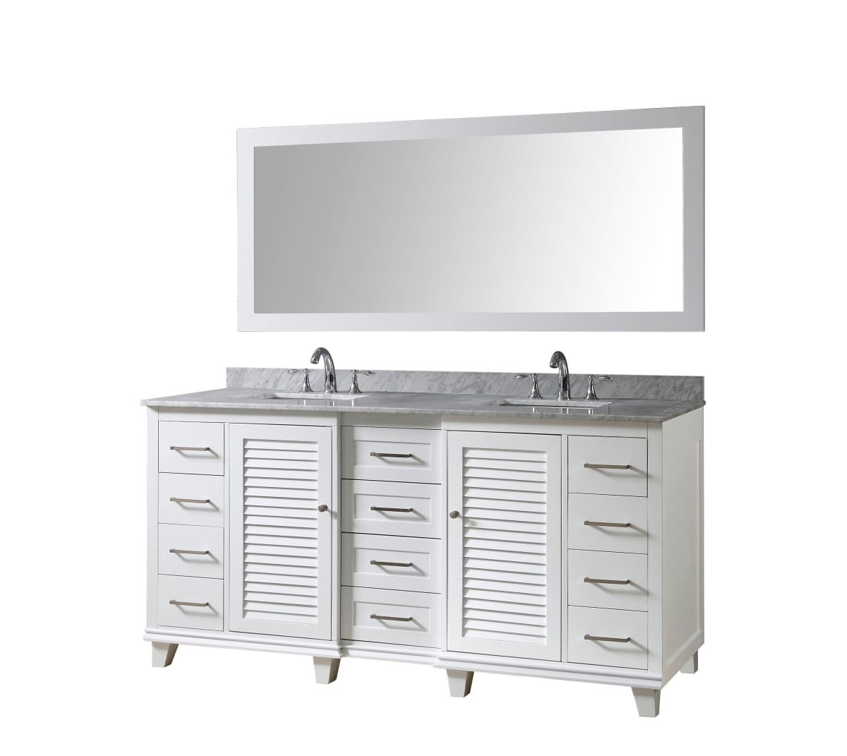 72 in. Ultimate Shutter Vanity in White with Carrara White Marble Vanity Top with white basins & Mirror