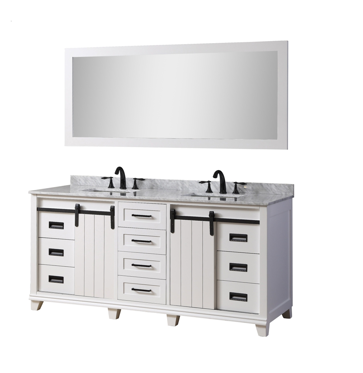 72 in. Chanceton Vanity in White with White Carrara Marble Top with White Basins & 1 Large Mirror