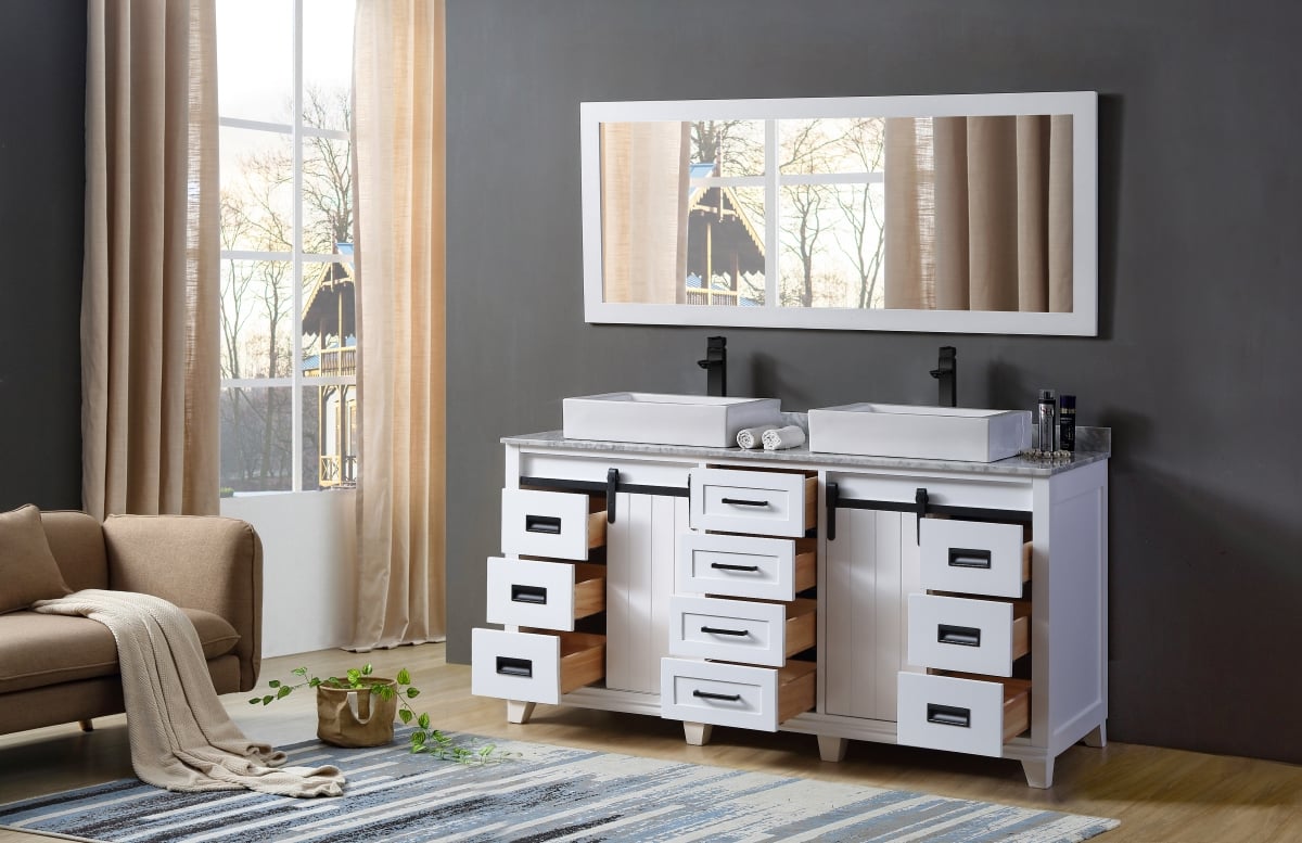 72 in. White Chanceton Vanity with Carrara Marble Top & Vessel Sinks