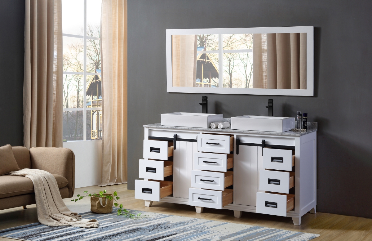 72 in. White Chanceton Vanity with Carrara Marble Top, Vessel Sinks & 1 Large Mirror