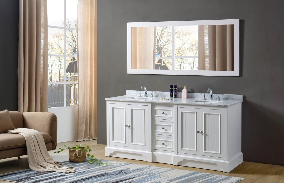 72D8-WWC-M 72 in. Kingswood Vanity in White with White Carrara Marble Top & 1 Large Mirror -  J&J International