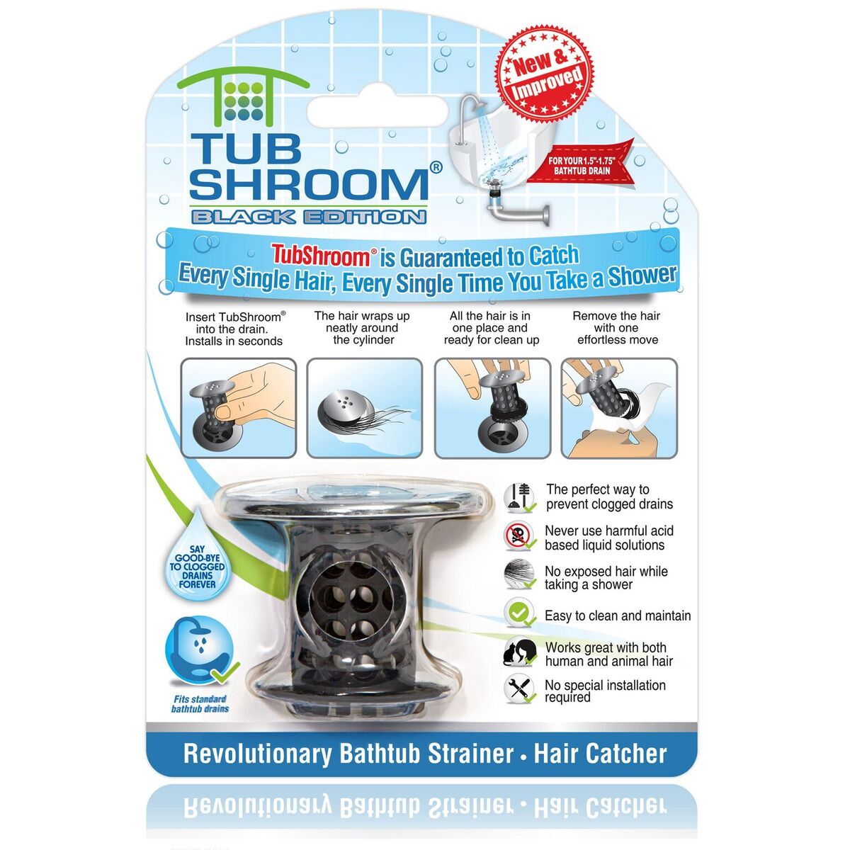 Chrome Edition Revolutionary Tub Drain Protector Hair Catcher - Black