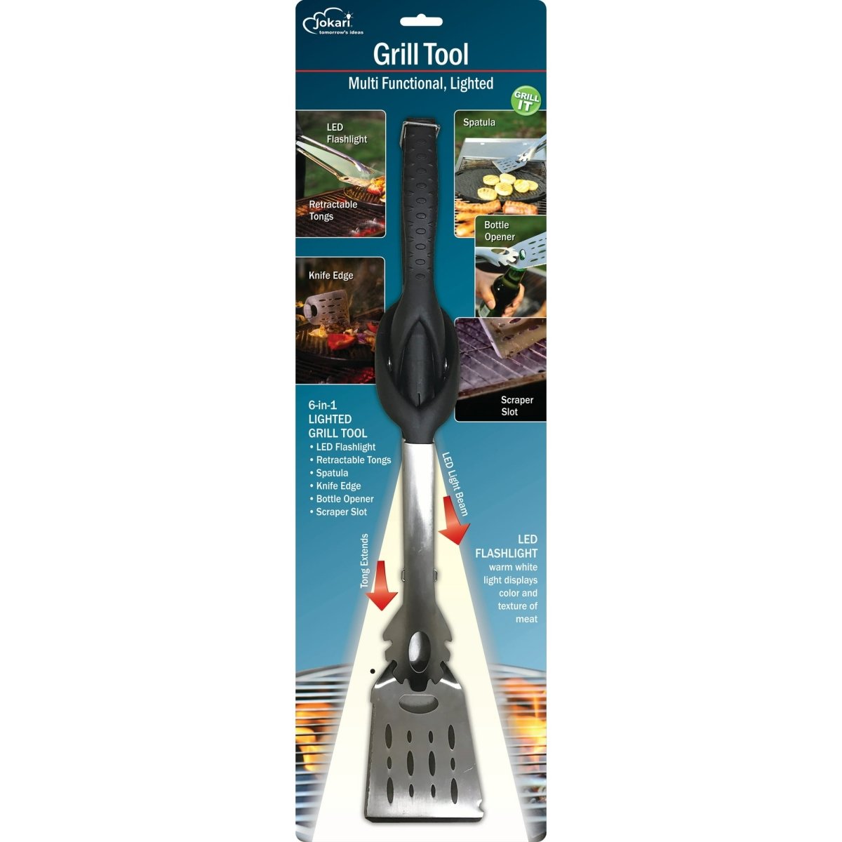 Picture of Jokari 19512 Lighted Grill Tool with Spatula Tongs Blade Scraper LED Bottle Opener&#44; Black