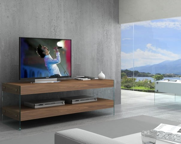 Elm Mini TV Base - White High Gloss & Walnut Vaneer