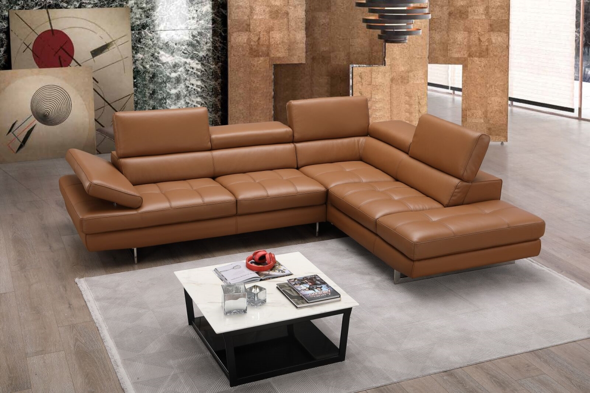 A761 Italian Leather Right Facing Sectional Sofa - Caramel - 201 x 42 x 37 in.