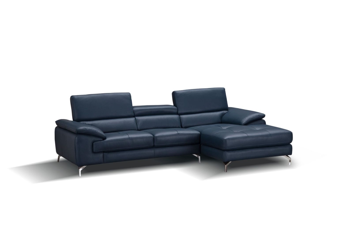 A973B Italian Leather Right Facing Chaise Mini Sectional Sofa - Blue