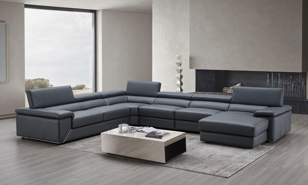 J & M Furniture 182224-RHFC 25.5-34 x 126 in. Kobe Leather Sectional Right Facing Chaise, Blue & Grey -  J&M Furniture