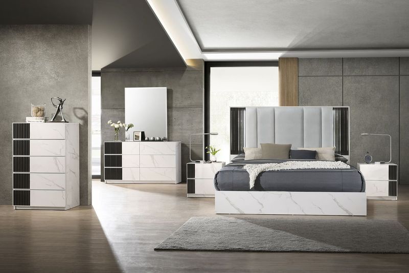 Picture of J&M Furniture 17645-K Bianca White & Grey Marble Bed - King Size