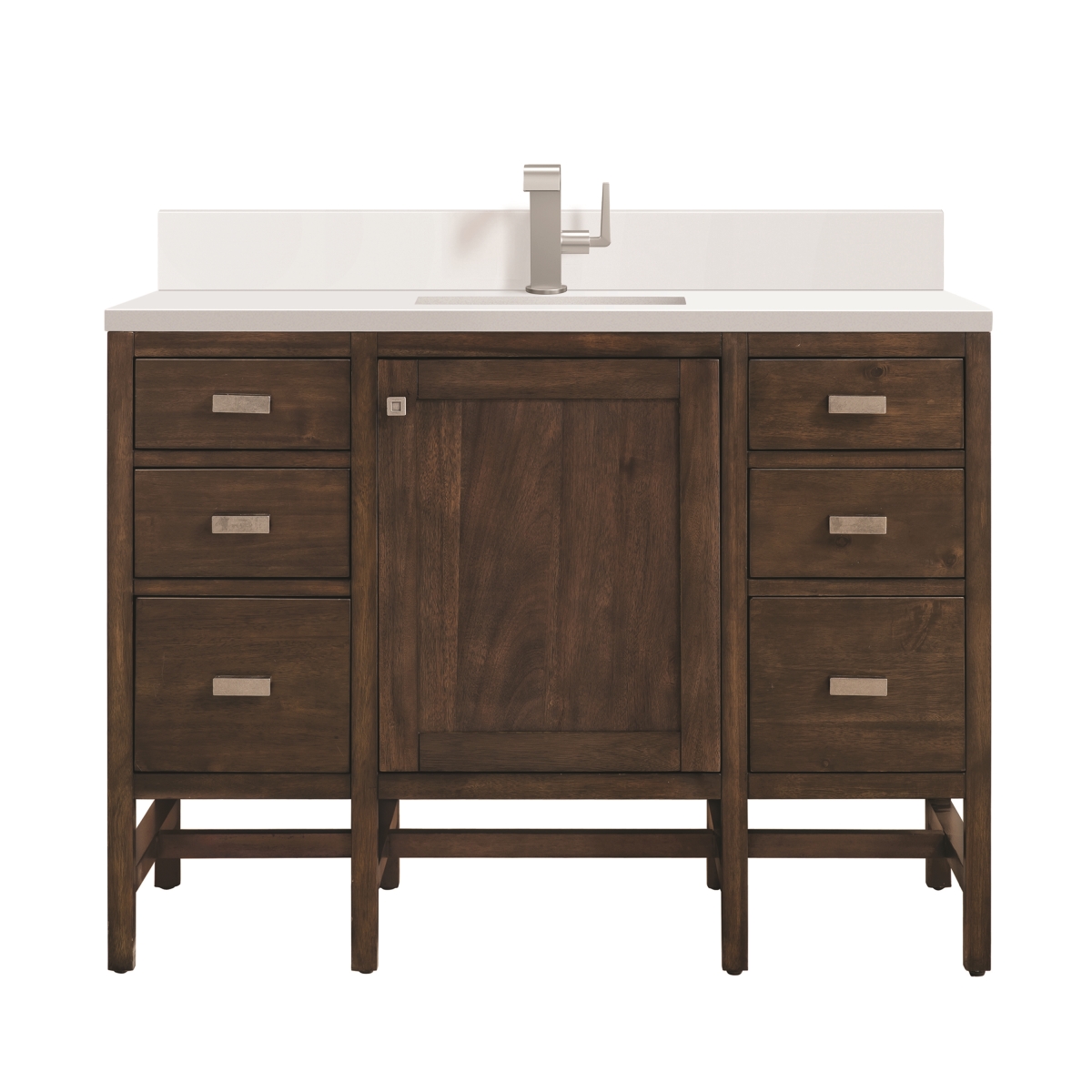 Picture of Addison E444-V48-MCA-1WZ 48 in. Single Vanity&#44; Mid-Century Acacia with Single Hole 3 cm White Zeus Quartz Top &amp; Backsplash