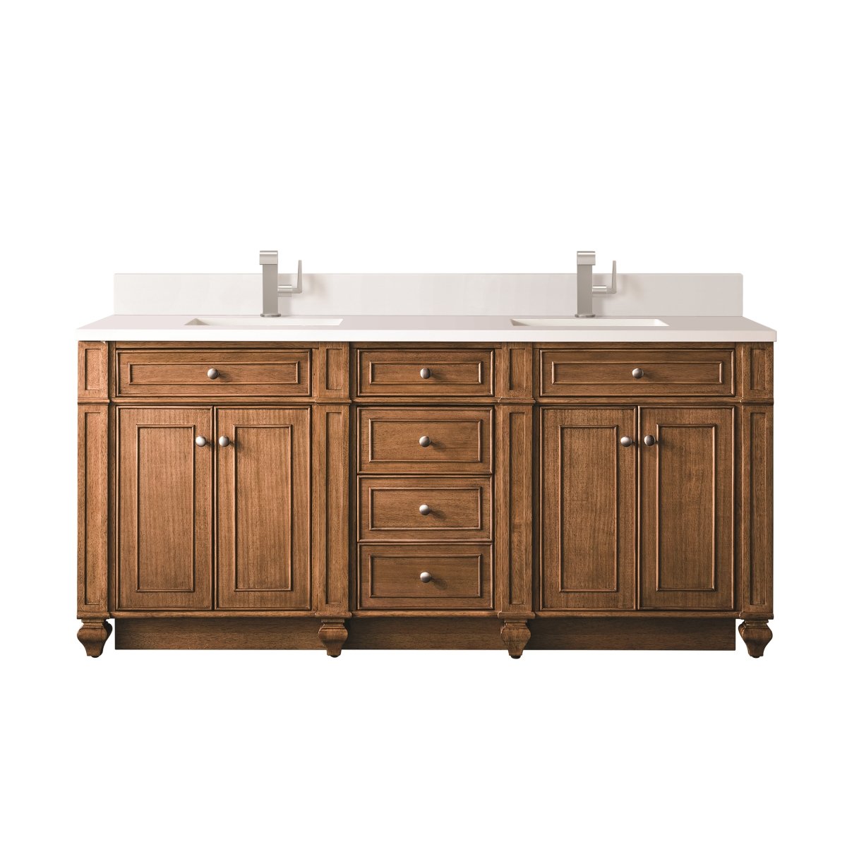 157-V72-SBR-1WZ 72 in. Double Vanity, Saddle Brown with Single Hole 3 cm White Zeus Quartz Top & Backsplash -  James Martin Vanities