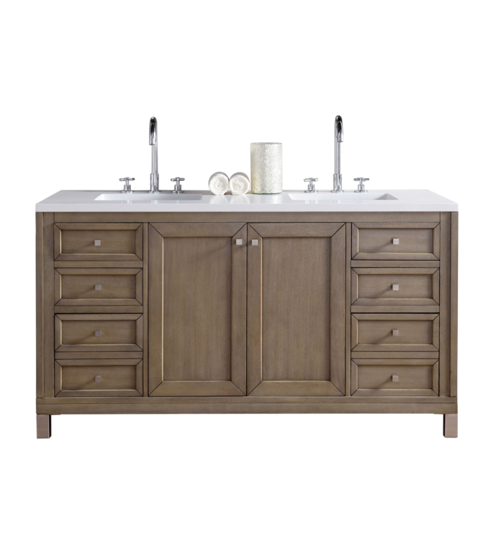 305-V60D-WWW-3EMR 60 in. Chicago Double Vanity with Eternal Marfil Quartz Top  Whitewashed Walnut -  James Martin Vanities