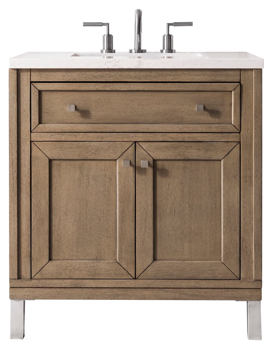 305-V30-WWW-3WZ 30 in. Chicago Single Vanity with 3CM White Zeus Quartz Top  Whitewashed Walnut -  James Martin Vanities