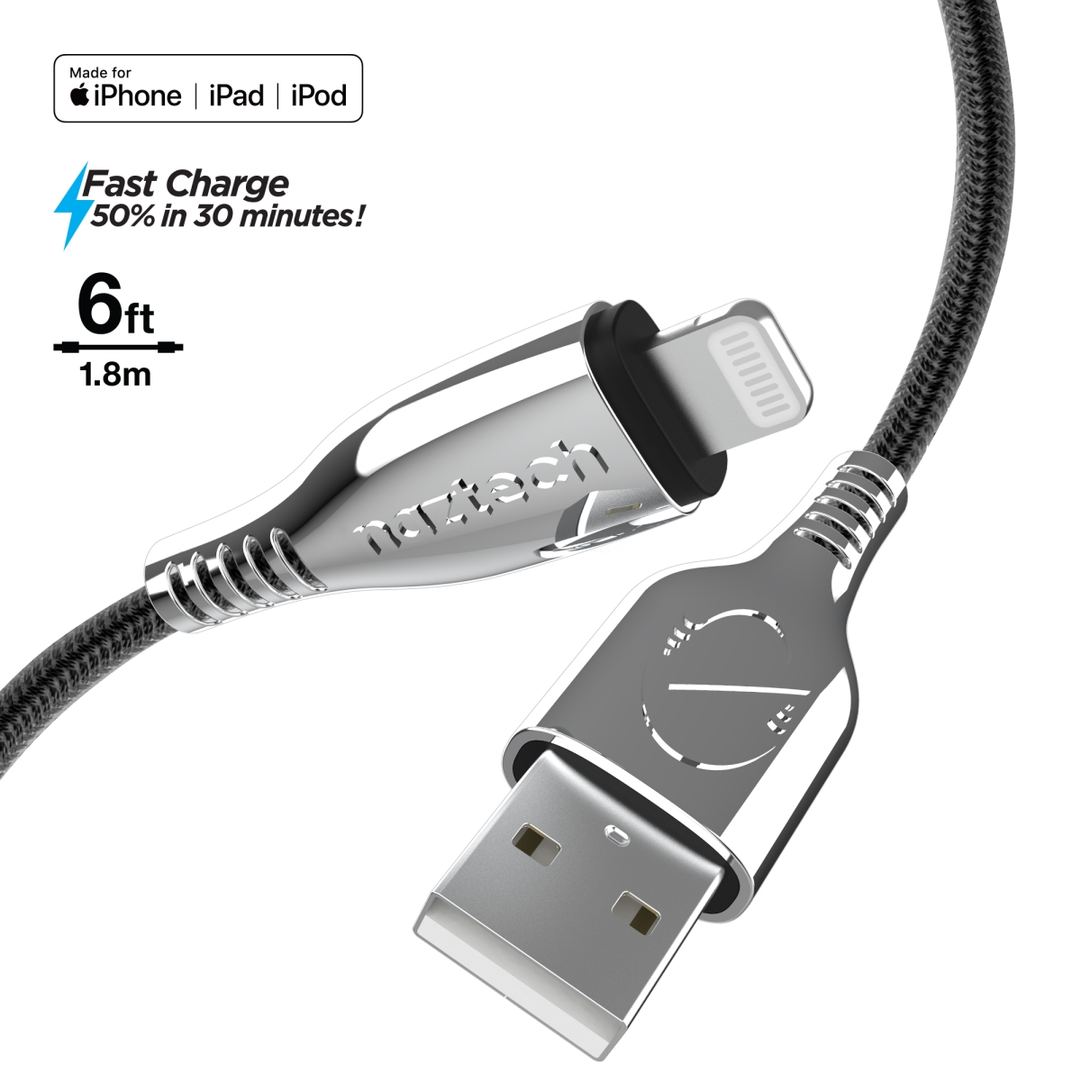 15495-HYP  Titanium USB to MFi Lightning Braided Cable 6ft (15495-HYP) -  NAZTECH