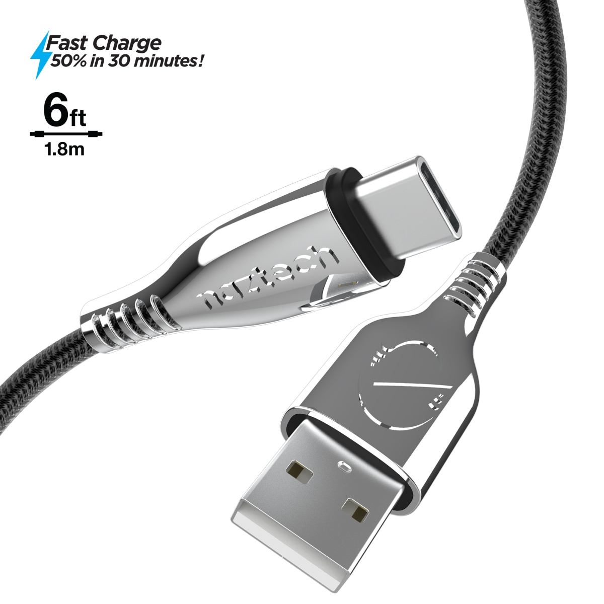 15499-HYP  Titanium USB to USB-C Braided Cable 6ft (15499-HYP) Black -  NAZTECH