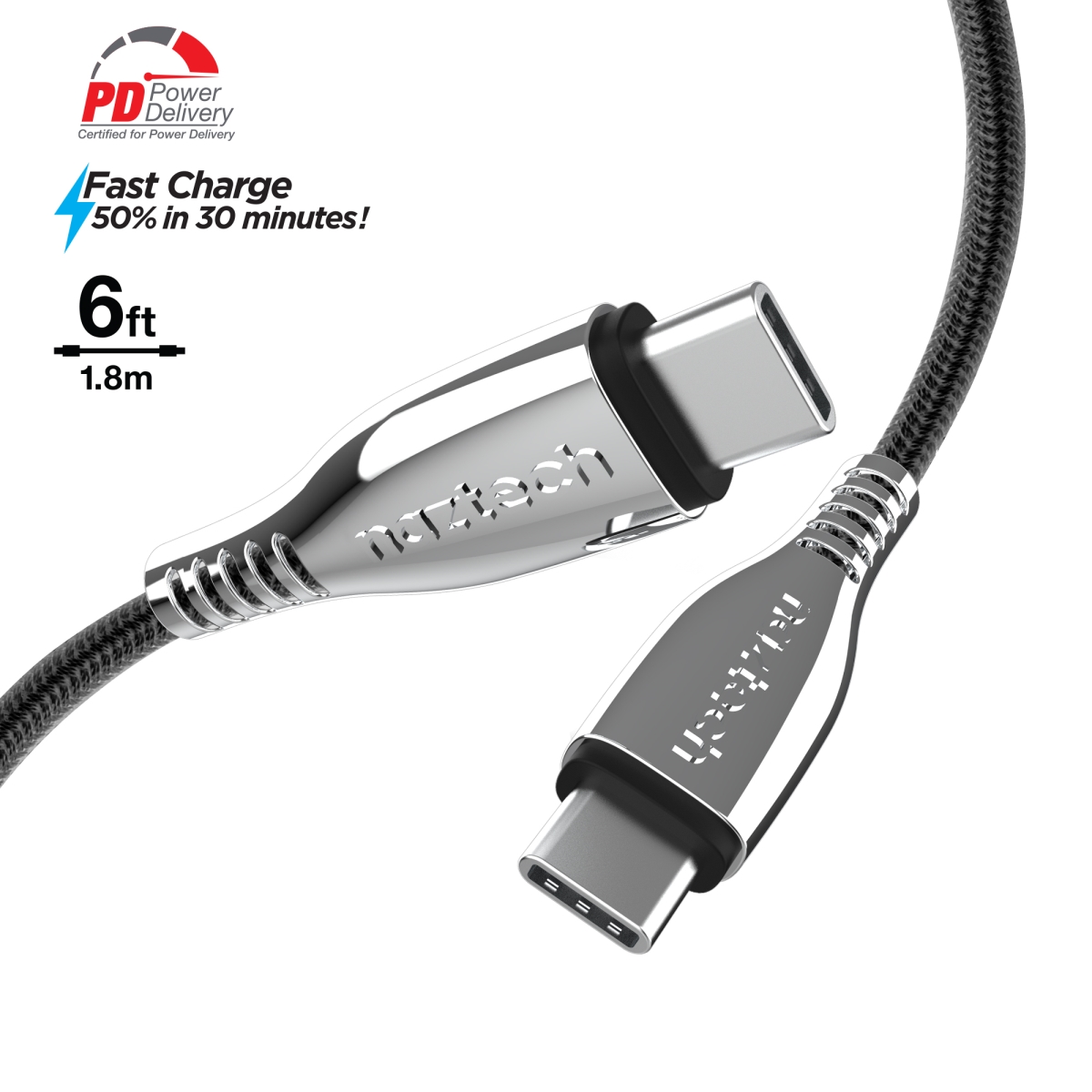 Picture of Naztech 15501-HYP Naztech Titanium USB-C to USB-C Braided Cable 6ft (15501-HYP)