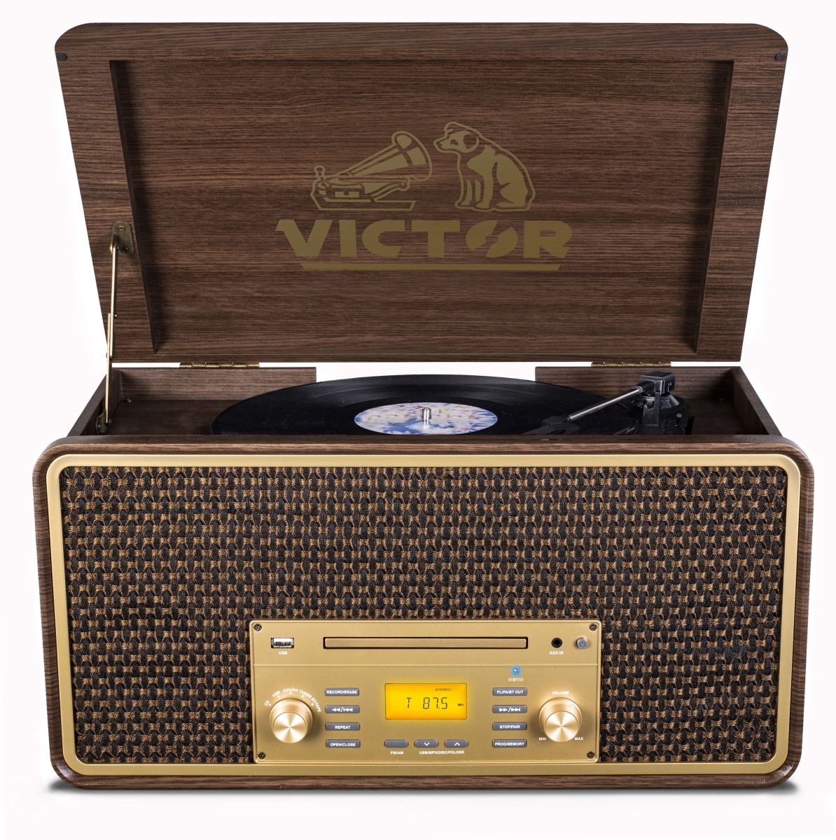Picture of Victor Audio VWRP-5000-ES-VIC Victor Monument 8-in-1 Wood Music Center with 3-Speed Turntable & Dual Bluetooth (Espresso)