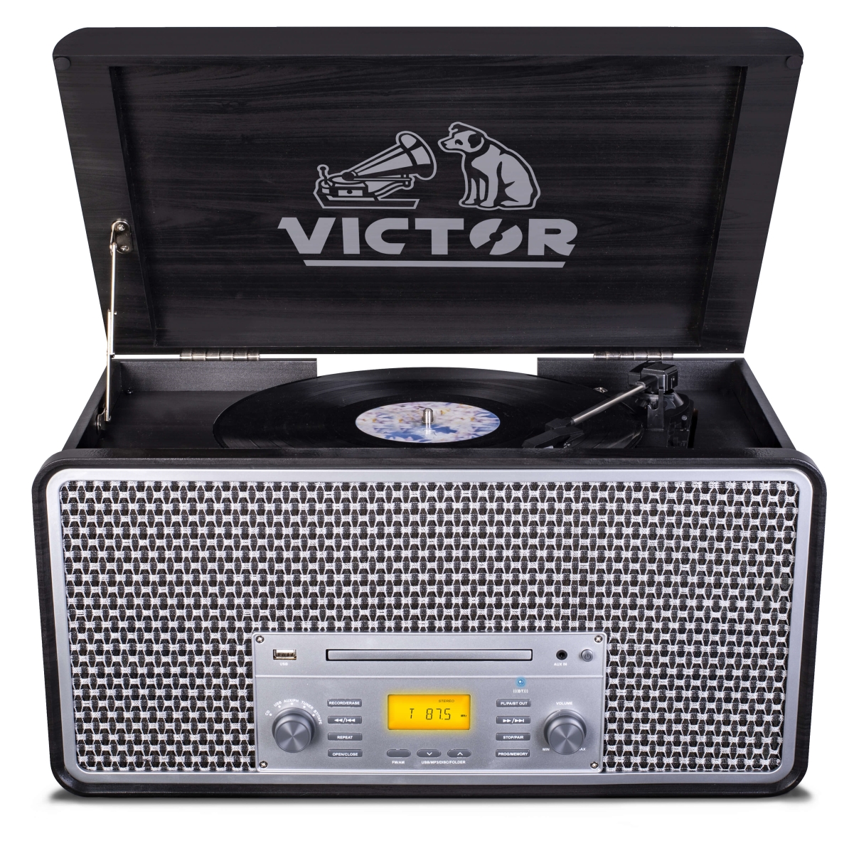 Picture of Victor Audio VWRP-5000-GR-VIC Victor Monument 8-in-1 Wood Music Center with 3-Speed Turntable & Dual Bluetooth (Graphite)