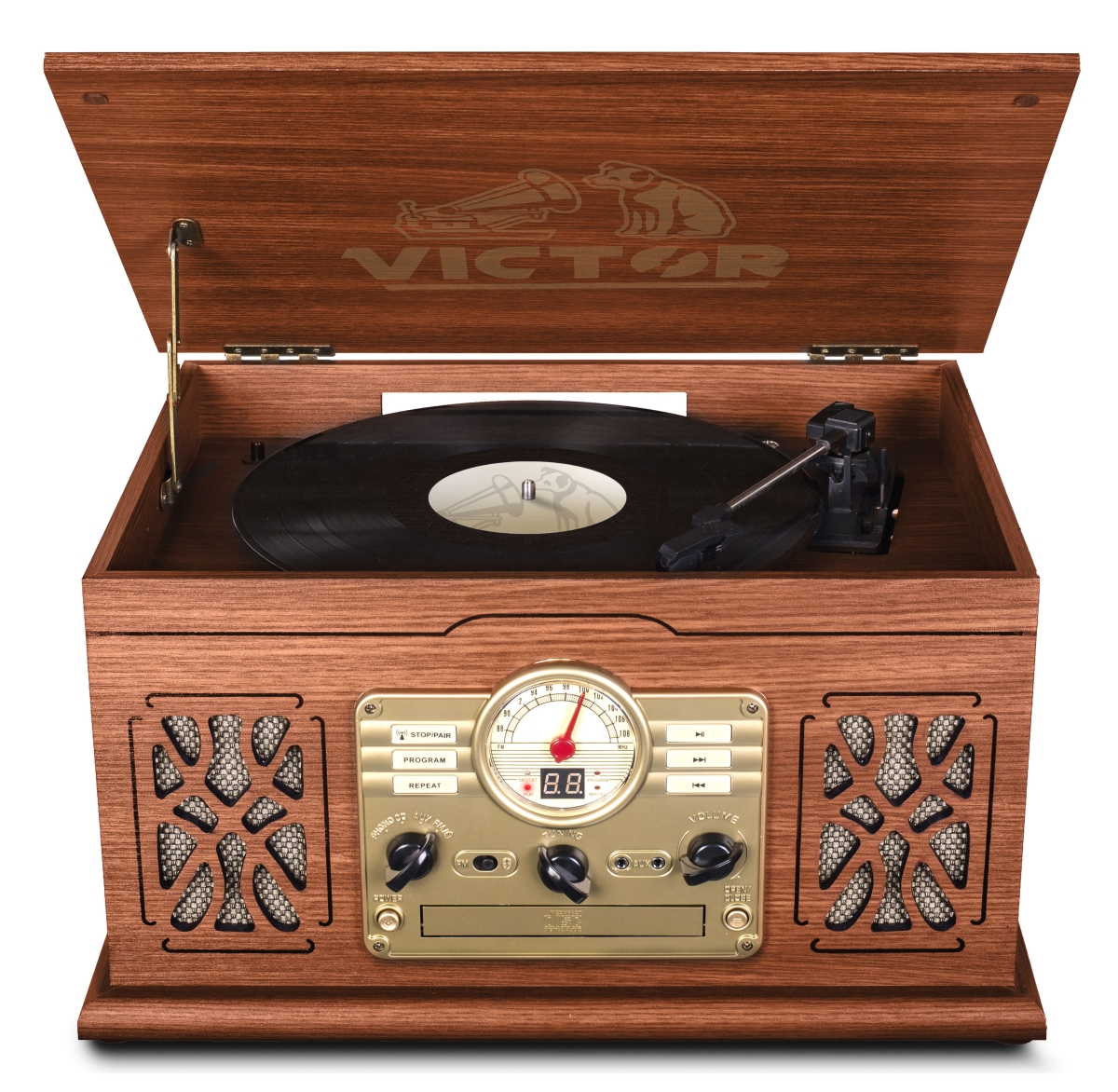 Picture of Victor State 7-in-1 Wood Music Center with 3-Speed Turntable and Dual Bluetooth (Mahogany)