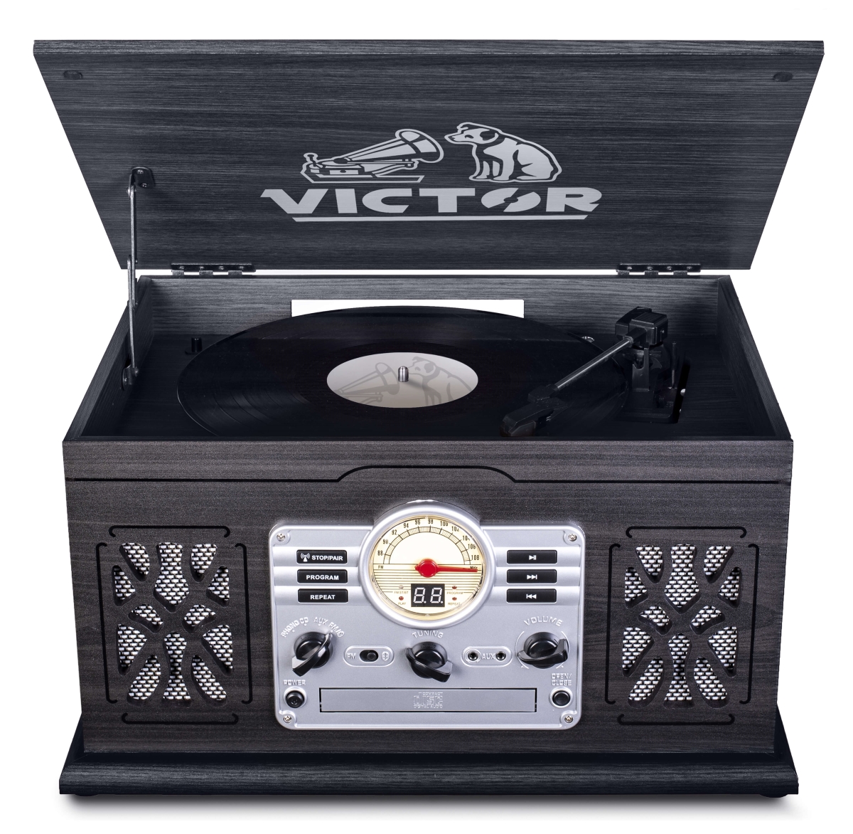 Picture of Victor Audio VWRP-3800-GR-VIC Victor State 7-in-1 Wood Music Center with 3-Speed Turntable and Dual Bluetooth (Graphite)