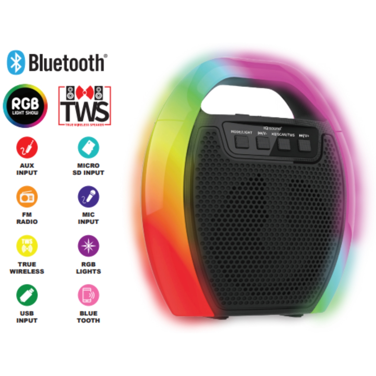Supersonic IQ-2404RGB 4' Portable Bluetooth Speaker with RGB Handle with FM Radio & TWS (IQ-2404RGB) Black -  Super Sonic Inc