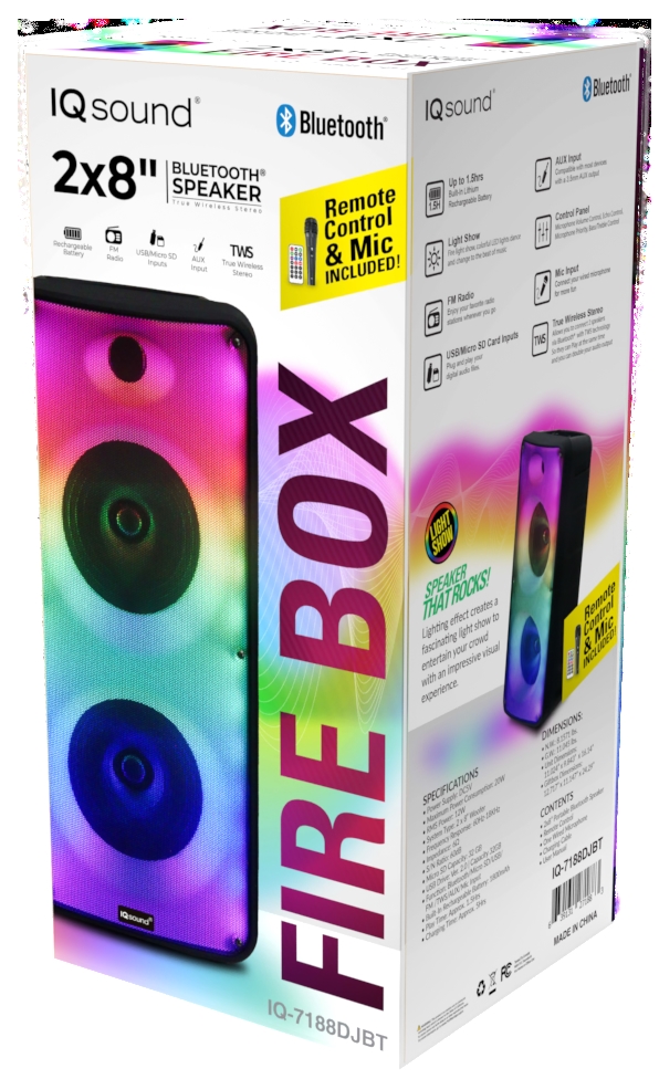 Supersonic IQ-7188DJBT 2 x 8' Bluetooth Speaker FIRE BOX with FM Radio and Remote Control (IQ-7188DJBT) Black