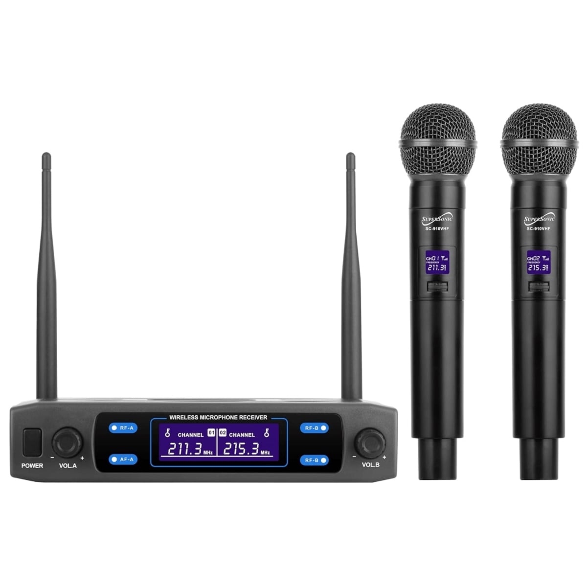 Supersonic SC-910VHF Supersonic VHF Dual Fixed Channel Professional Wireless Microphone with Carry Case